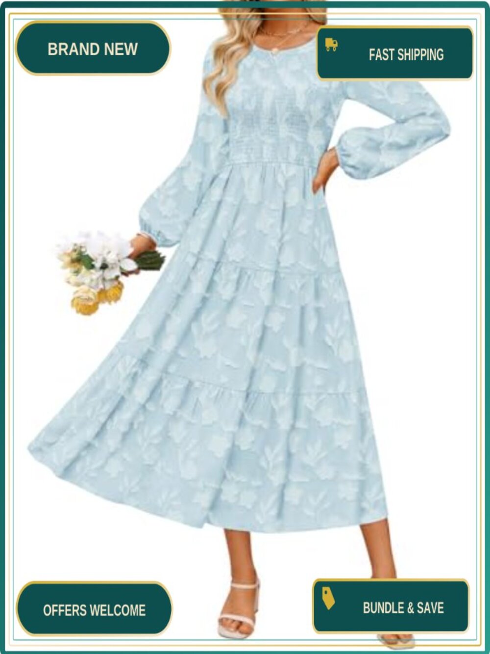 Boho Floral Print Crew Neck Long Sleeve A-Line Midi Dress